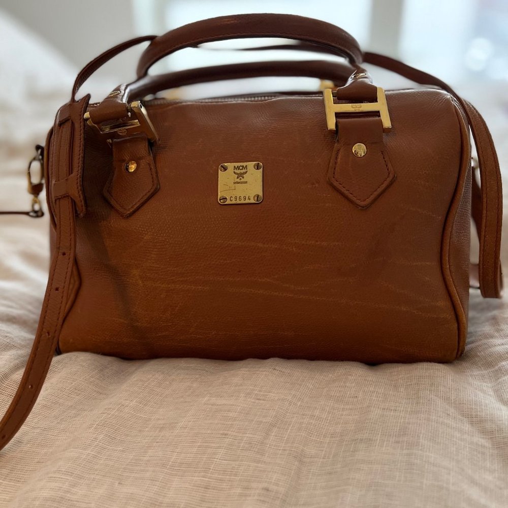 MCM Top Handle with Strap Duffle Bag in Tan